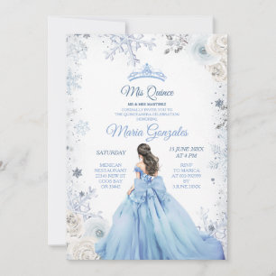 Pastel Blue Winter Snow Floral Princess Mis Quince Einladung
