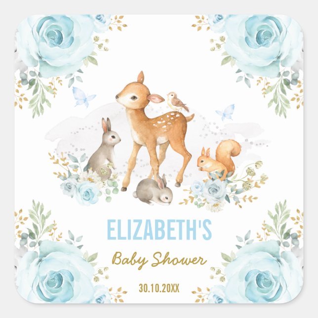 Pastel Blue Woodland Animals Baby Shower Favoriten Quadratischer Aufkleber (Vorderseite)