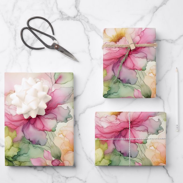 Pastel Blume Alkohol Tinte Illustration Großdruck Geschenkpapier Set (Vorderseite)