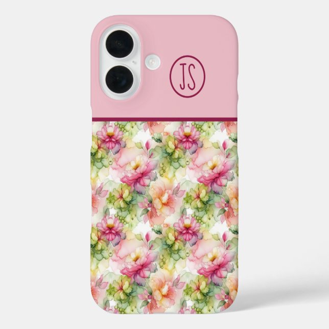 Pastel Blume Alkohol Tinte Illustration Monogramm iPhone 16 Hülle (Rückseite)