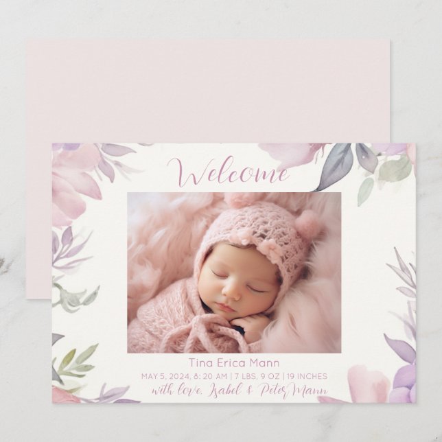 Pastel Blume Begrüßungsjunges Mädchen Geburt Ankündigung (Vorne/Hinten)