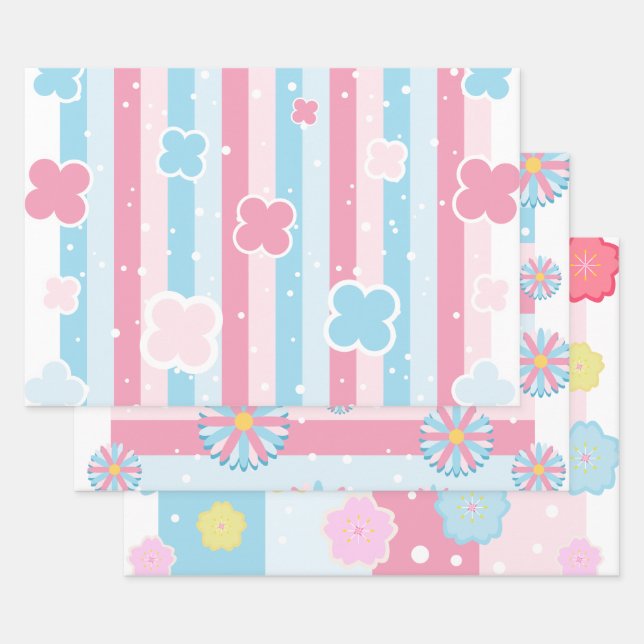 Pastel Blume Blossom Streifen Sakura Thema Geschenkpapier Set (Set)