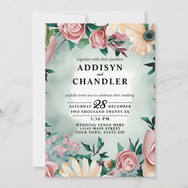 Pastel Blume Elegante: Grün blühende Hochzeit Einladung (Vorderseite)