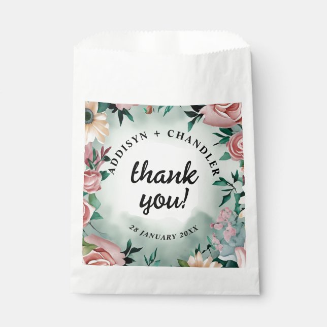 Pastel Blume Elegante: Grün blühende Hochzeit Geschenktütchen (Vorderseite)