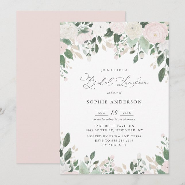 Pastel Blume Gold Glitzer Blätter Bridal Luncheon Einladung (Vorne/Hinten)