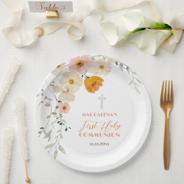 Pastel Blume und Grünpflanzen Erste Heilige Kommun Pappteller (Hochzeit)