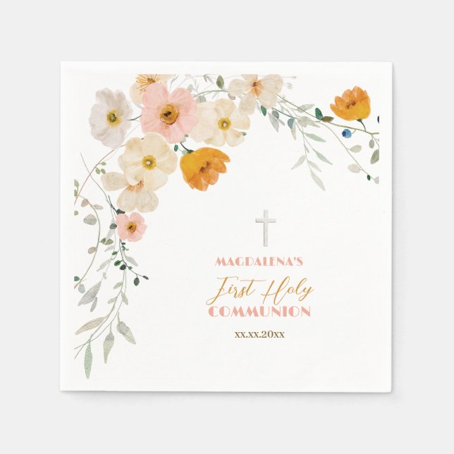 Pastel Blume und Grünpflanzen Erste Heilige Kommun Serviette (Vorderseite)