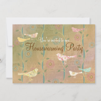 Pastel-Blume Vögel Hauswärme Party Einladung