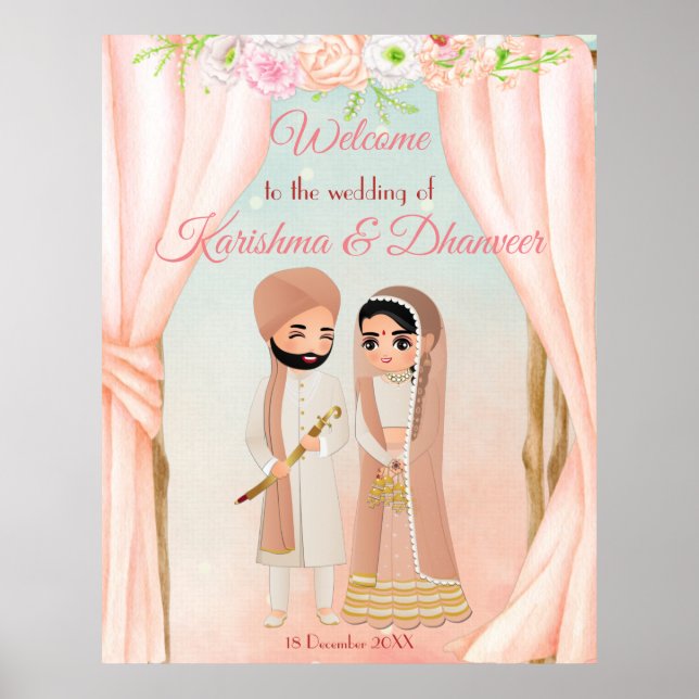 Pastel Blumenmandap mit indischem Ehepaar Willkomm Poster (Vorne)