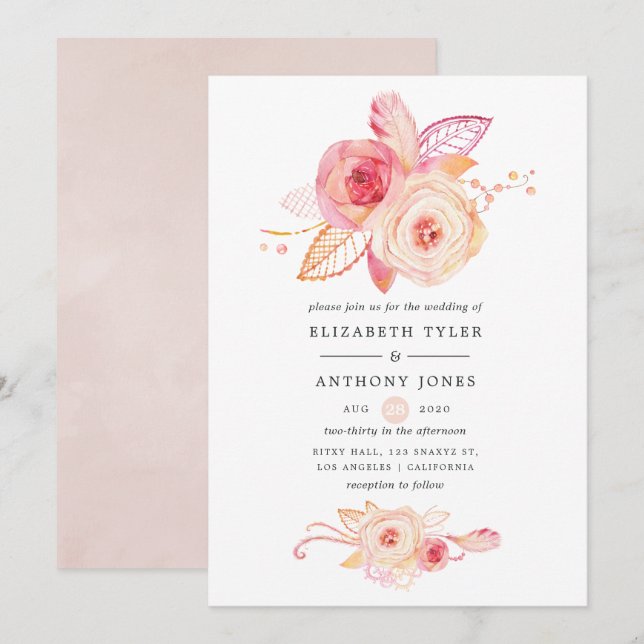Pastel Blush Bloral and Lace Wedding Einladung (Vorne/Hinten)