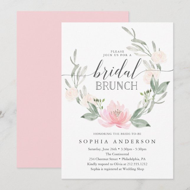 Pastel Blush Blumengrün Bridal Brunch Einladung (Vorne/Hinten)