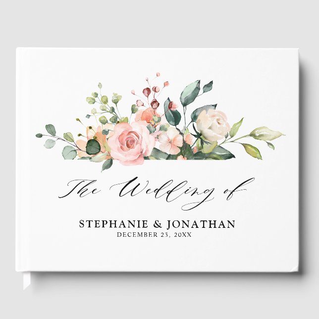 Pastel Blush Elfenbeinrosa Botanische Hochzeit mit Gästebuch (Vorderseite)