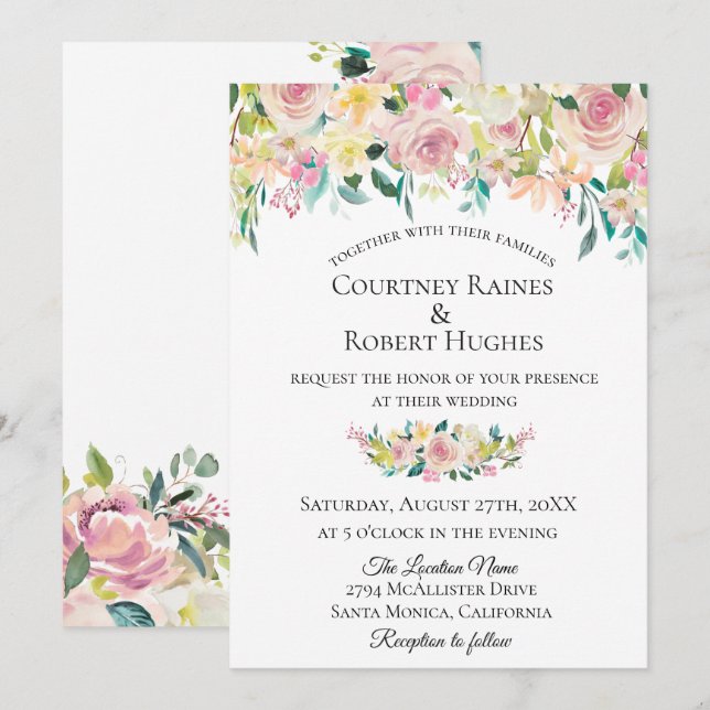 Pastel Blush Floral Faire-part de mariage (Devant / Derrière)