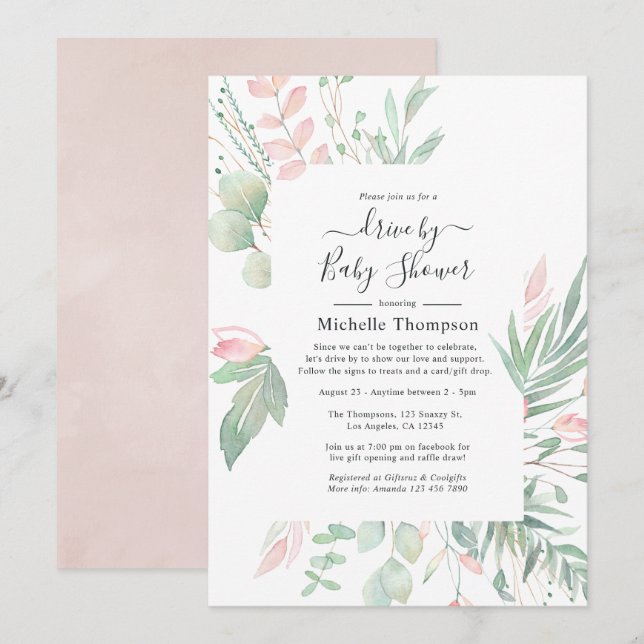 Pastel Blush Green Drive by Shower Einladung (Vorne/Hinten)