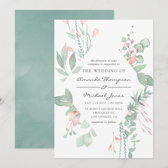 Pastel Blush Greenerity Wedding Einladung (Vorne/Hinten)
