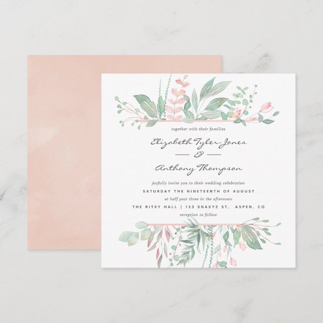 Pastel Blush Greenerity Wedding Einladung (Vorne/Hinten)
