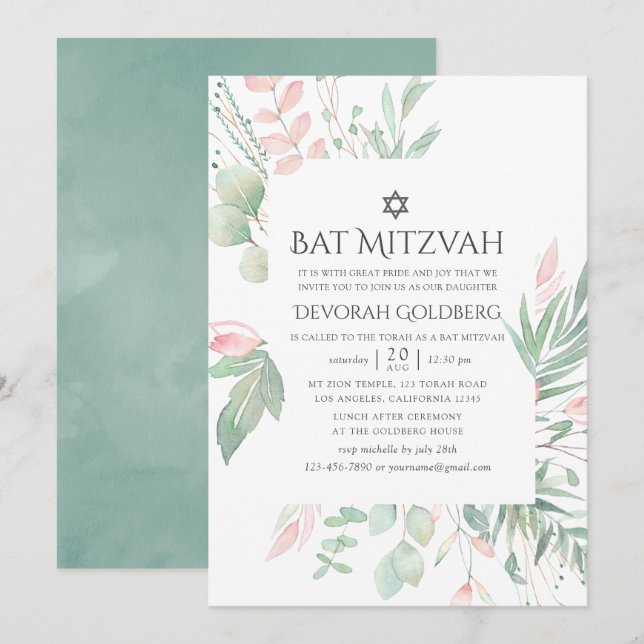 Pastel Blush Greenery Bat Mitzvah Einladung (Vorne/Hinten)