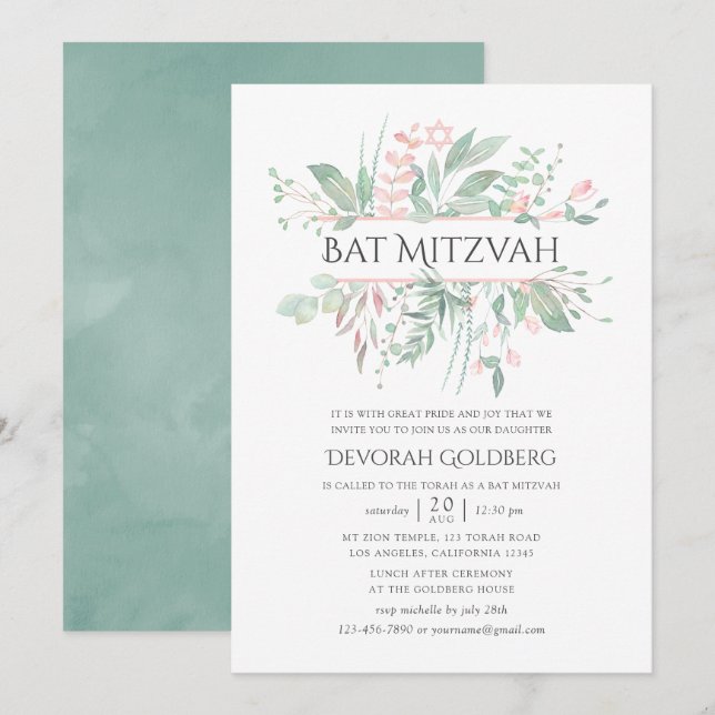 Pastel Blush Greenery Bat Mitzvah Einladung (Vorne/Hinten)