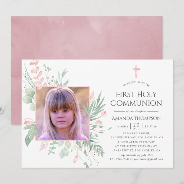 Pastel Blush Greenery Erster Kommunion Einladung (Vorne/Hinten)