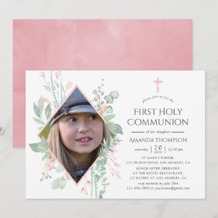 Pastel Blush Greenery Erster Kommunion Einladung