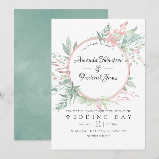 Pastel Blush Greenery Geometric Wedding Einladung (Vorne/Hinten)