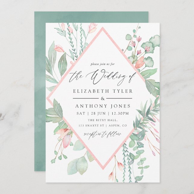 Pastel Blush Greenery Geometric Wedding Einladung (Vorne/Hinten)
