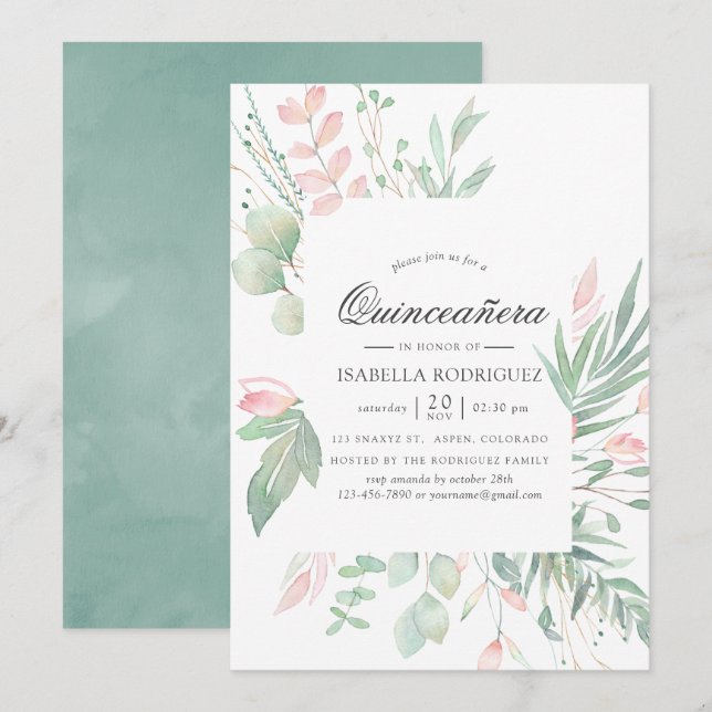 Pastel Blush Greenery Quinceañera Einladung (Vorne/Hinten)
