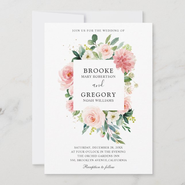 Pastel Blush Hübsch Pink Botanische Hochzeit mit f Einladung (Vorderseite)