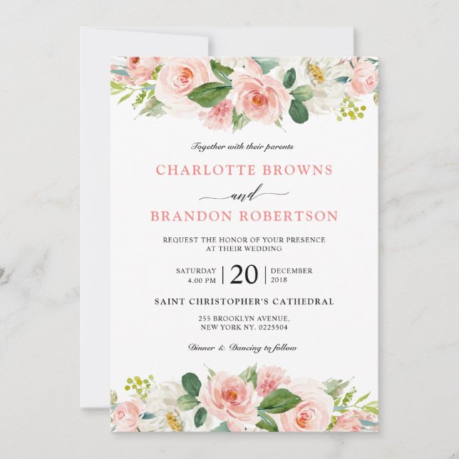 Pastel Blush Hübsch Pink Botanische Hochzeit mit f Einladung (Vorderseite)