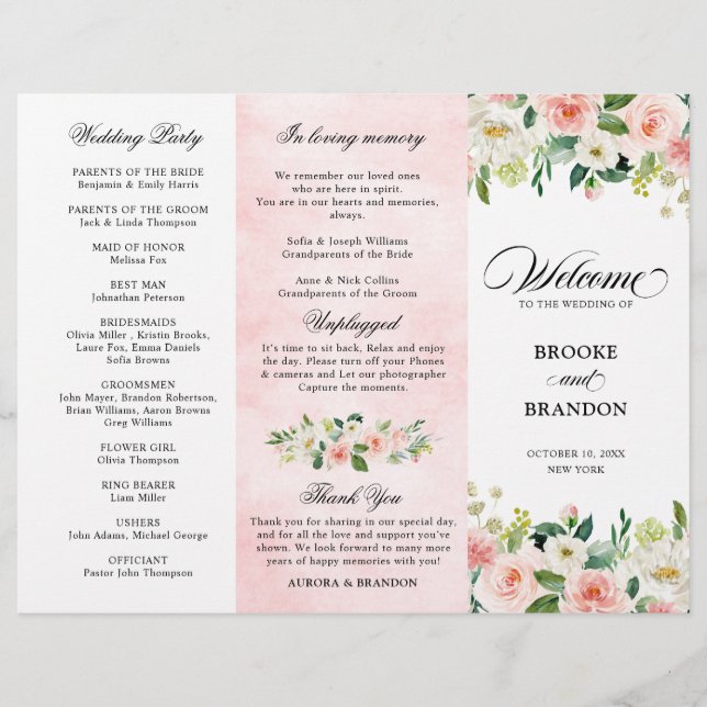 Pastel Blush Hübsch Pink Floral Wedding Programm (Vorderseite)