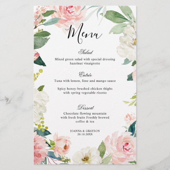 Pastel Blush Hübsches Botanisches Hochzeitsmenü (Vorderseite)