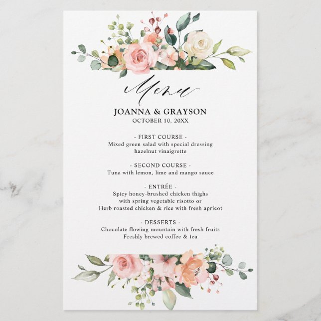 Pastel Blush Ivory Floral Botanal Mariage Menu (Devant)
