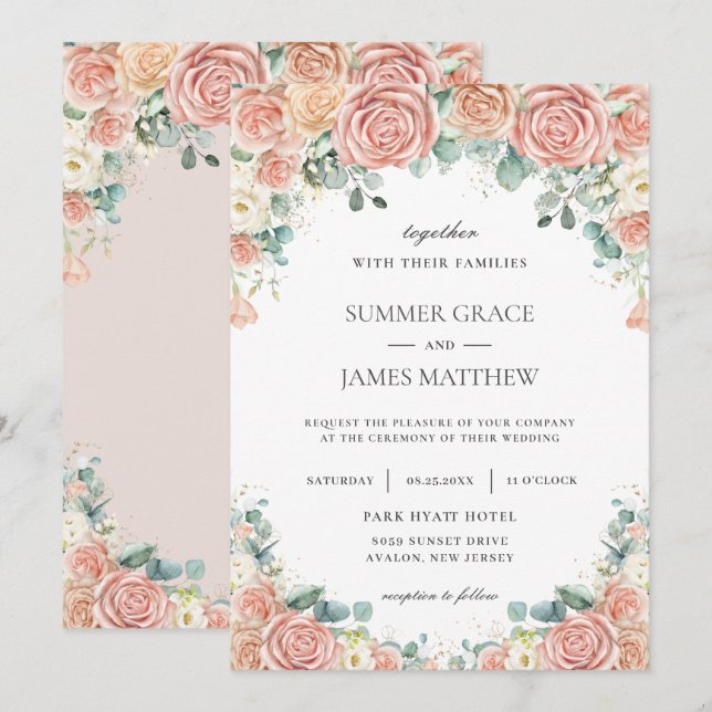 Pastel Blush Peach Elfenbeinblumen Rose Hochzeit Einladung (Vorne/Hinten)