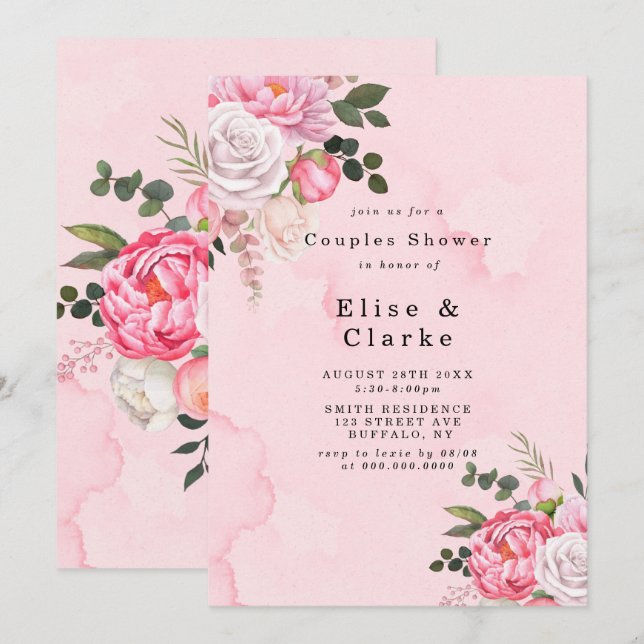 Pastel Blush Pink Blanc Peony Couple Invitation do (Devant / Derrière)