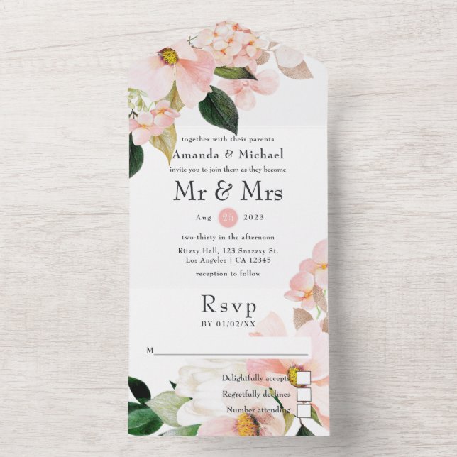 Pastel Blush Pink Bloral Wedding All In One Einladung (Innen Boden)