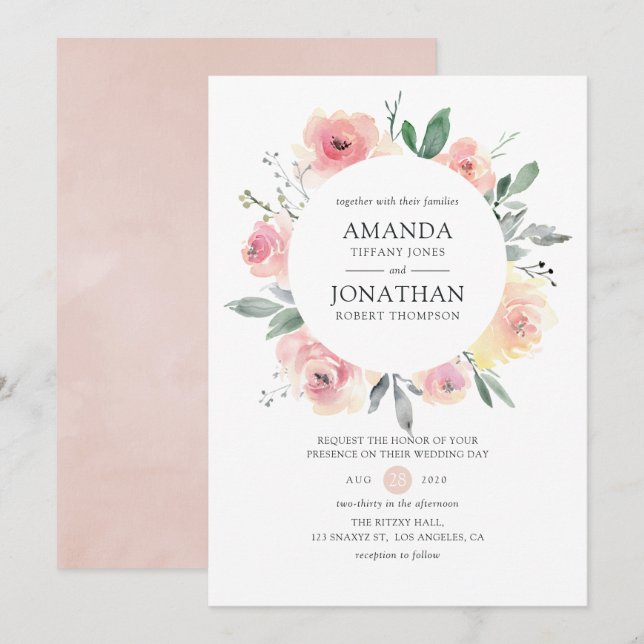 Pastel Blush Pink Bloral Wedding Einladung (Vorne/Hinten)