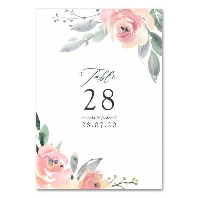 Pastel Blush Pink Bloral Wedding Tischnummer (Vorderseite)