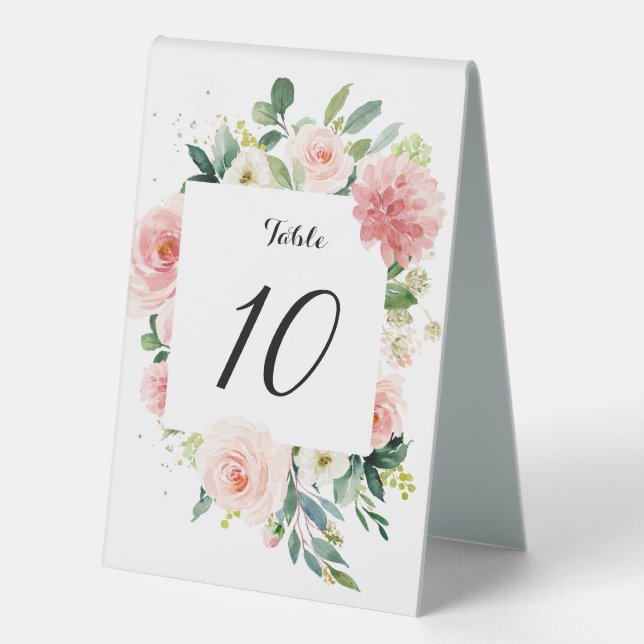 Pastel Blush Pink Botanische Tischnummer Tischaufsteller (Vorderseite)