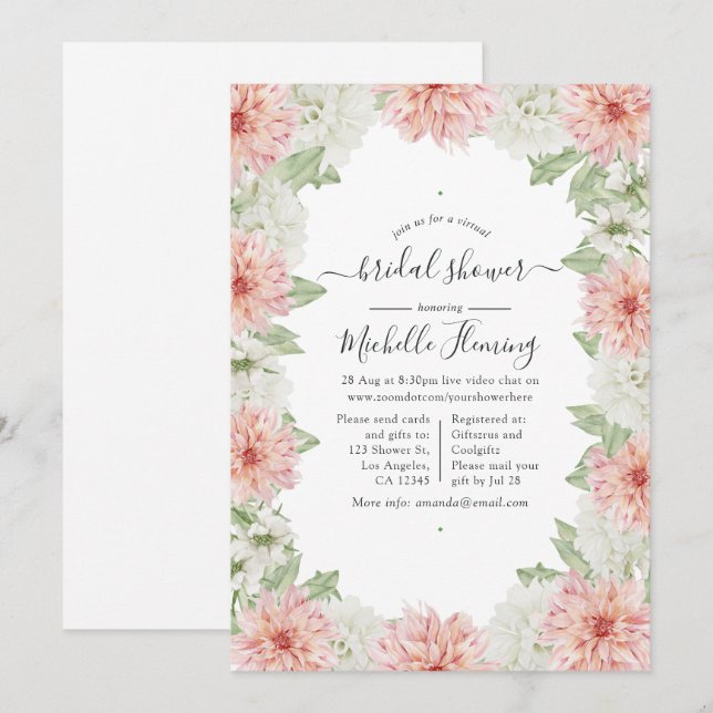 Pastel Blush Pink Dahlia Brautparty Einladung (Vorne/Hinten)