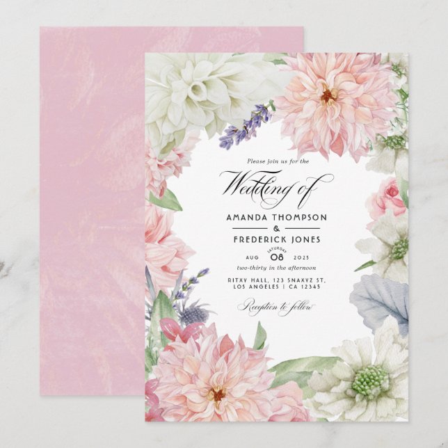 Pastel Blush Pink Dahlia Hochzeit Einladung (Vorne/Hinten)