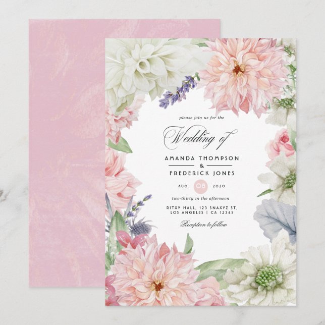 Pastel Blush Pink Dahlia Hochzeit Einladung (Vorne/Hinten)