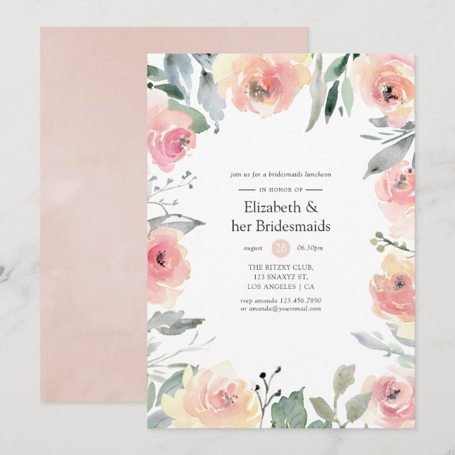 Pastel Blush Pink Floral Bridesmaids Luncheon Einladung (Vorne/Hinten)