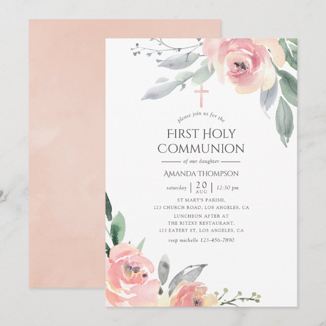 Pastel Blush Pink Floral Erste Heilige Kommune Einladung (Vorne/Hinten)