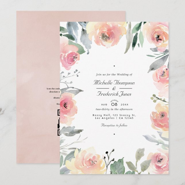Pastel Blush Pink Floral QR Code UAWG Wedding Einladung (Vorne/Hinten)