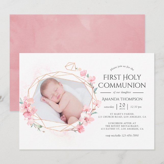 Pastel Blush Pink Geometric Floral Heilige Kommuni Einladung (Vorne/Hinten)