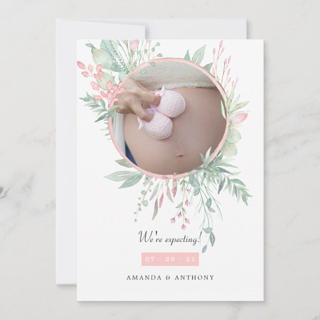 Pastel Blush Pink und Grünes Foto Schwangerschaft Ankündigung (Vorderseite)