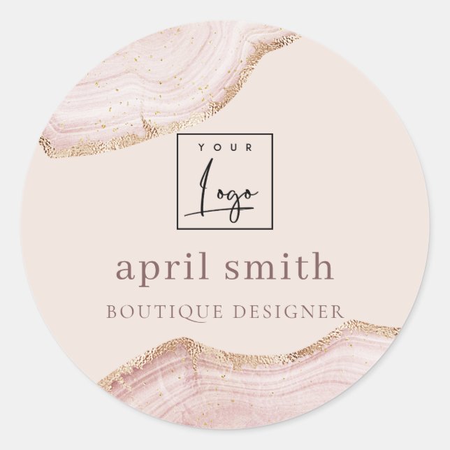 Pastel Blush Rose Gold Agate Marmorlogo Runder Aufkleber (Vorderseite)