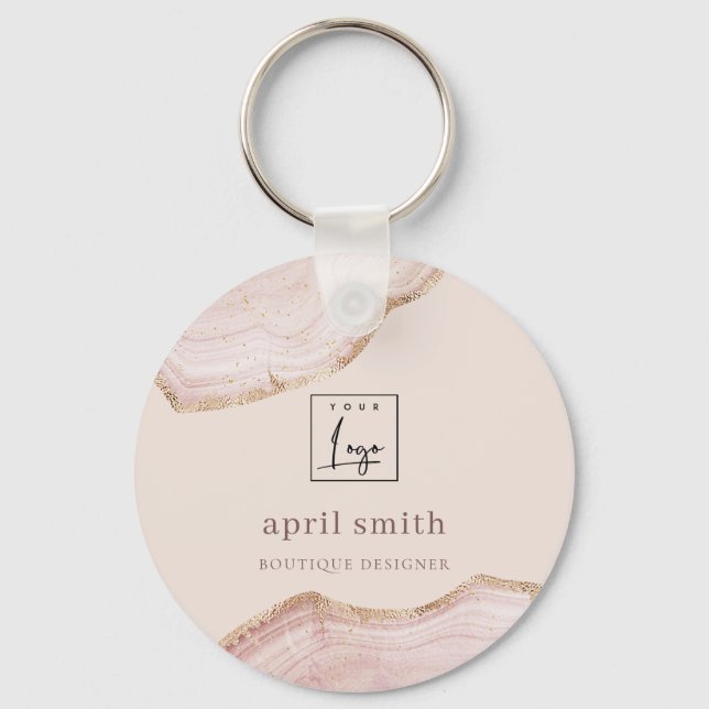 Pastel Blush Rose Gold Agate Marmorlogo Schlüsselanhänger (Vorderseite)