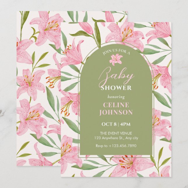 Pastel Blütenblüte lilafarbene grüne Babydusche Einladung (Vorne/Hinten)