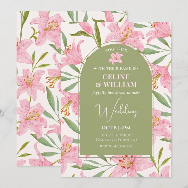 Pastel Blütenlililie Rosa grüne Hochzeit Einladung (Vorne/Hinten)